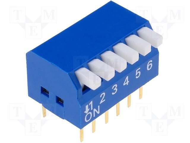 Pārslēdzējs slīdbīdņu DIP-6*2.54, ON-OFF, 0.05A/12VDC, pārslēdzējs uz stūra