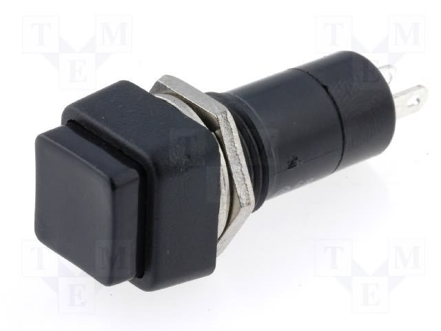 Poga SPST-NO, OFF-(ON), 1A/250VAC, Ø12mm, 14x14x35.2mm, melna krasa, bez fiksacijas