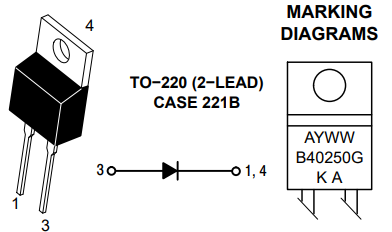 MBR40250G, Diode Schottky, 250V, 40A  (3 ---|>|-- 1, 4), TO-220AC