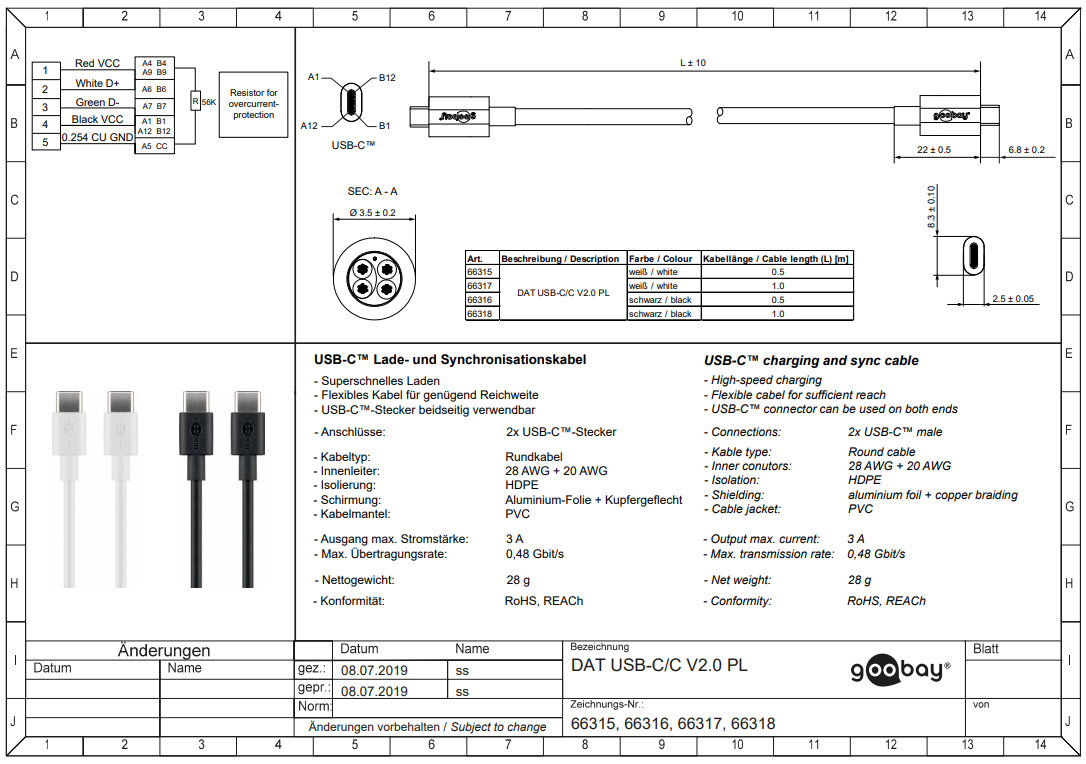 USB-C štekers/USB-C 2.0, štekers, vads, 28AWG + 20AWG, 3A, 1m
