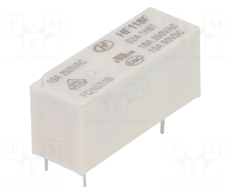 Relejs DC24V, SPST-NO, 10A/250VAC, 10A/30VDC, 2.35kΩ(10mA), viens kontakts(5.08mm) uz saslēgšanu, 28.5x12.5x10.1mm, HONGFA RELAY