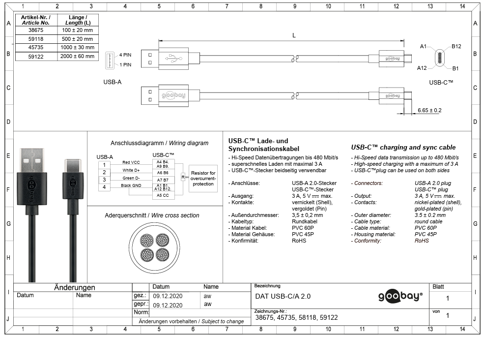 USB-C štekers/USB-A 2.0 štekers, vads, 1m
