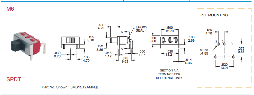 Pārslēdzējs slīdbīdņu SPDT, 5A/120VAC, 5A/28VDC, ON-ON, 12.7x6.1x6.35mm, L=5.08mm, leņķisks, viens kontakts uz divam stāvoklim