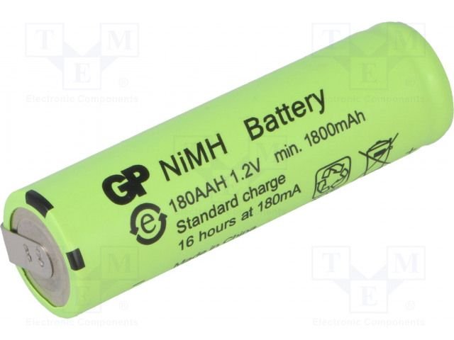 Akumulatori AA, GP, ar plakaniem izvadiem, NI-MH, 1800mAh, Ø14.5x49.5mm, 1.2V, 8.66gr.
