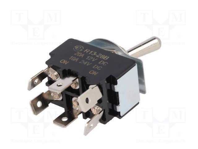 Tumblers, DPDT, ON-ON, 20A/12VDC, kontakti 6.3mm, M12, 33.2x19x19mm, ar fiksaciju