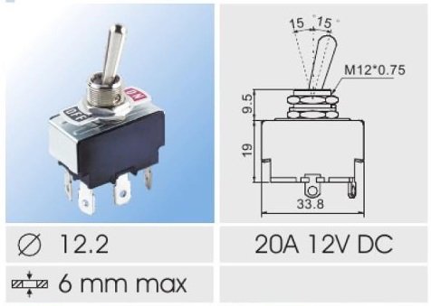 Tumblers, DPDT, ON-ON, 20A/12VDC, kontakti 6.3mm, M12, 33.2x19x19mm, ar fiksaciju