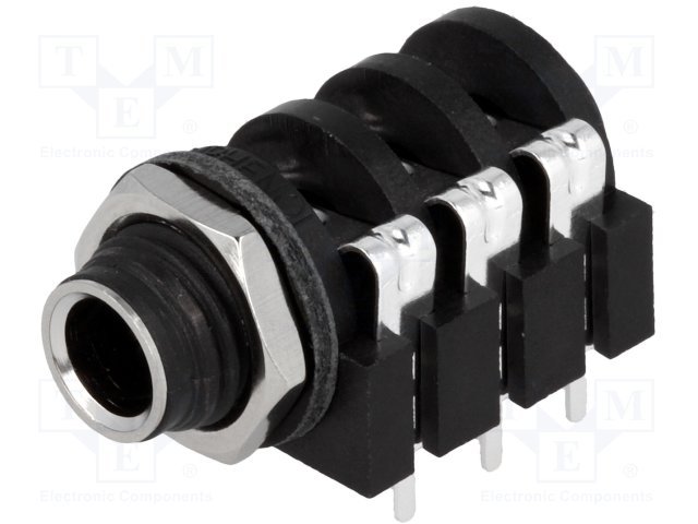 6.35mm ligzda, stereo, plastmasas, THT, skrūvejamas šasijai M9, metāla uzgrieznis, 2 x on/off, AMPHENOL