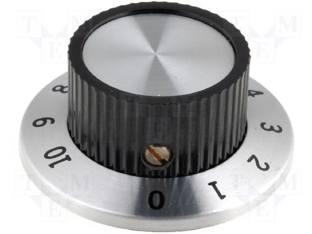 Potenciometru rokturitis Ø23.8x14.8mm, plastmasa, melna/sudrabota krasa, Ø6.4mm, ar skrūvi, svārki Ø36.8mm ar cipariem