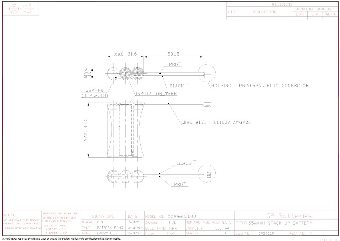 Akumulatori 3*AAA, GP, ar lokaniem izvadiem, NI-MH, 550mAh, 46x30x10.5mm, 3.6V, 43gr.