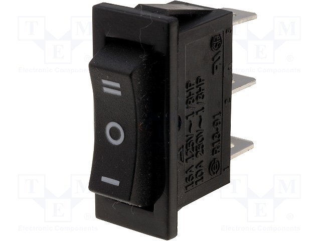 Taustiņslēdzis SP3T, (ON)-OFF-(ON), 10A/250VAC, 16A/125VAC, 14x33.2mm, melna krasa, bez fiksācijas