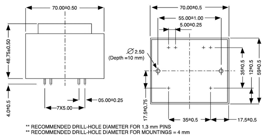 Transformators 220V=>2x15V, 2x1000mA, 30VA, 70x59x48.75mm