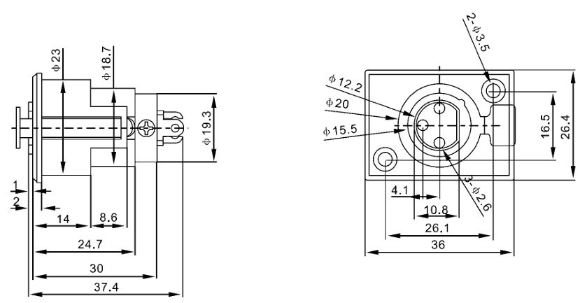 XLR 7PIN, ligzda, šasijai ar flanciem (2 skrūves)