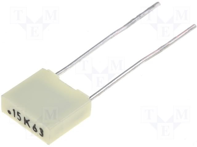 150nF/63VDC, 40VAC, ±5%, plēves, poliefirs kondensators, 5mm, 7.2x2.5x6.5mm, KEMET