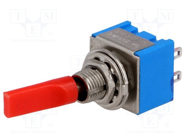 Tumblers, DPDT, ON-ON, 3A/250VAC, lodēšanai, M6, 13.2x12.9x9.5mm, divi kontakti uz divam stavoklim, ar fiksaciju, plakanais sarkans rokturis