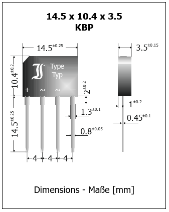 KBP206G Tiltiņš 600V, 2A, 14.5x10.4x3.5mm