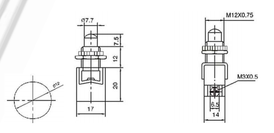 Poga SPST-NO, OFF-(ON), 1A/250VAC, M12, sarkans, bez fiksacijas