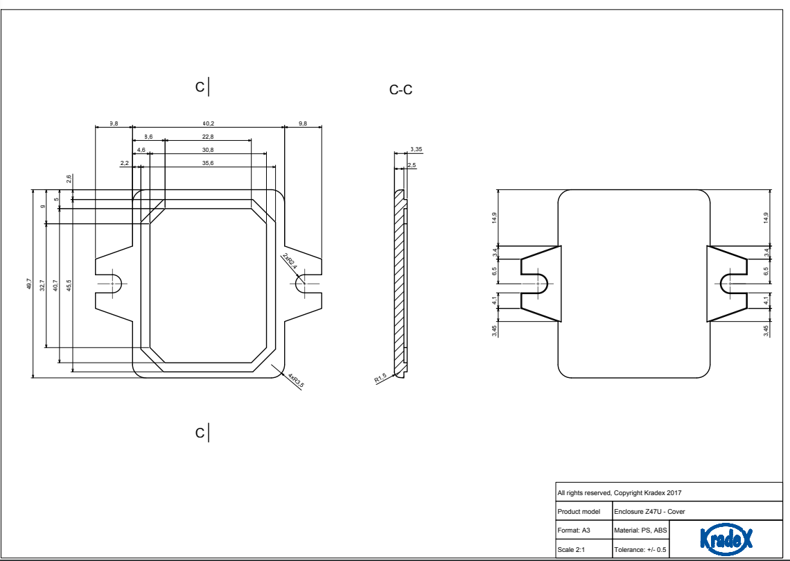 Plastmasas korpuss, 40x50x20mm, ABS, pelēkā krasa, ar piestiprinājumiem