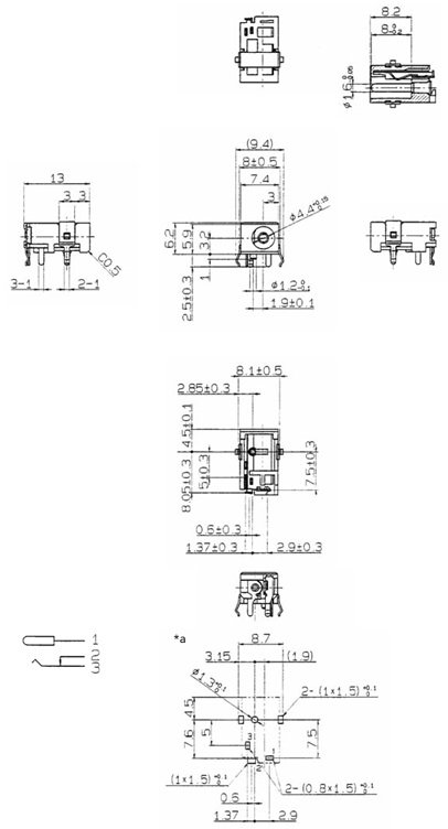 1.7*4.0mm, ligzda, THT, on/off, 2A/6.3VDC, 7.5x6.0x13mm, LUMBERG