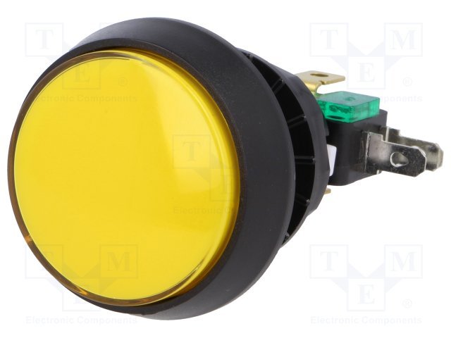 Poga SPDT, ON-(ON), 10A/250VAC, Ø44x70mm, dzeltenā krasa, plastmasas, spailes 4.8x0.5mm, LED12V, viens kontakts uz pārslēgšanu, bez fiksacijas