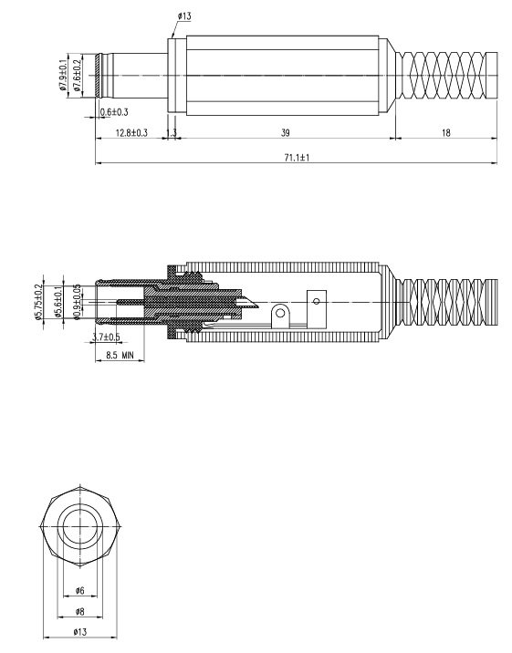 7.9/5.6/0.9mm, L=12.8mm, štekers, barošanam blokam, uz vadu, taisns, 10A/24VDC, LUMBERG
