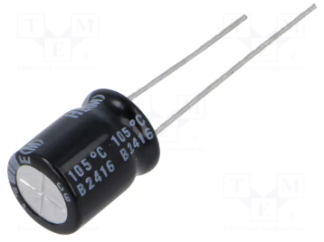 47/100V, 105C, Ø10x12.5mm, ±20%, Kondensatori zemas induktivitātes 7000h, NICHICON, ar lokaniem izvadiem