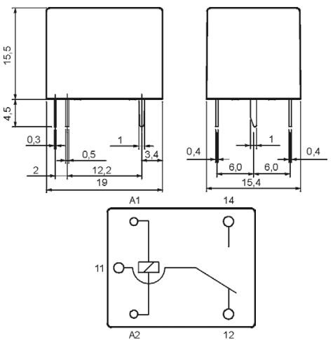 Relejs DC3V, SPDT, 10A/240VAC, 15A/24VDC, 25R(200mA), IP64, viens kontakts uz pārslēgšanu, 19x15.4x15.5mm, RELPOL
