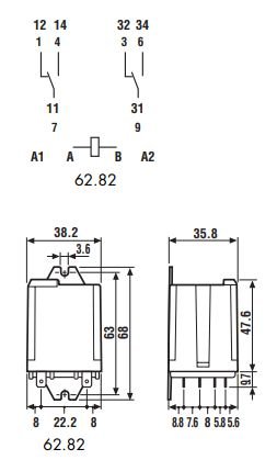 Relejs 230V/AC, DPST-NO, 2x16A/240VAC, 7.25kΩ(31.7mA), divas grupas uz saslēgšanu, 38.2x68x35.8mm, FINDER