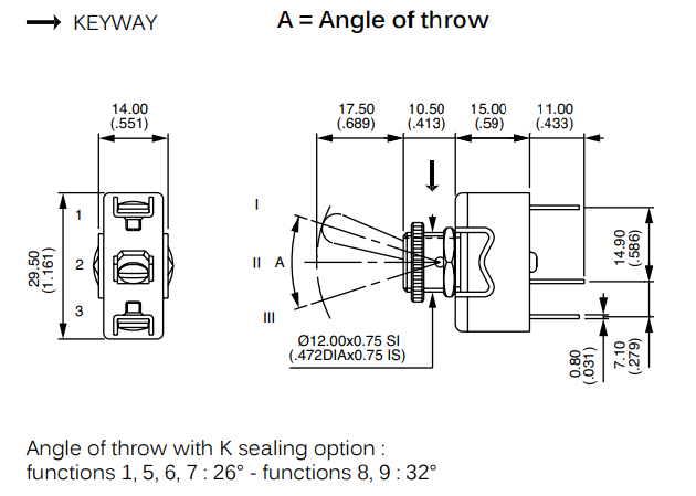 Tumblers, SPDT, ON-ON, 15A/250VAC, 15A/12VDC, skrūvejamas, M12, 29.5x14.5x15mm, APEM, ar fiksaciju
