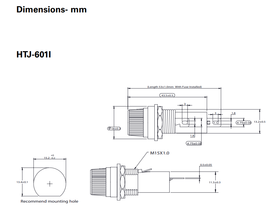 Drošinātāju turētājs uz panelēm, 10A/250VAC, 6.3x32mm, Ø18x53mm
