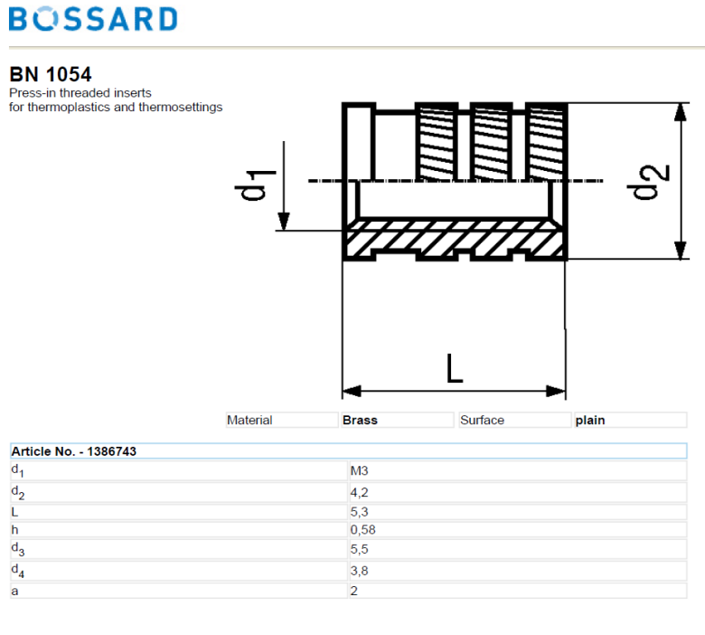 Vītņots ieliktnis, misiņš, bez pārklājuma, M3, L=6.3mm, plastmasai