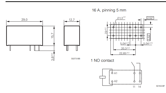 Relejs DC24V, SPST-NO, 16A/250VAC, 16A/24VDC, 1.44kΩ(16.66mA), viens kontakts uz saslēgšanu, 29x12.7x15.7mm, AgNi, TE Connectivity