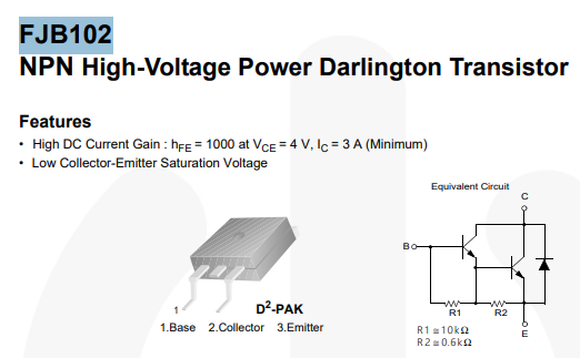 FJB102TM SMD Tranzistors, NPN+Darl+R+D, 100V, 8A, 80W, TO-252