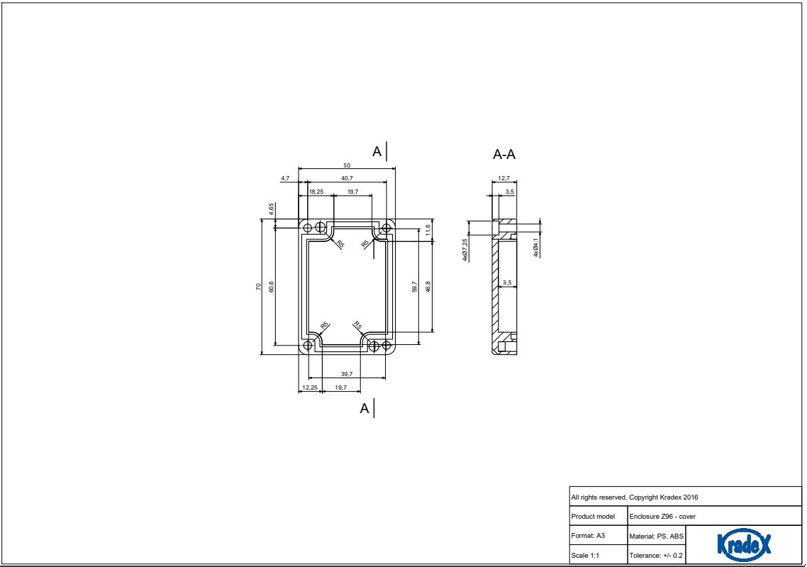 Plastmasas korpuss, 50x70x36mm, IP65, ABS, pelēkā krasa