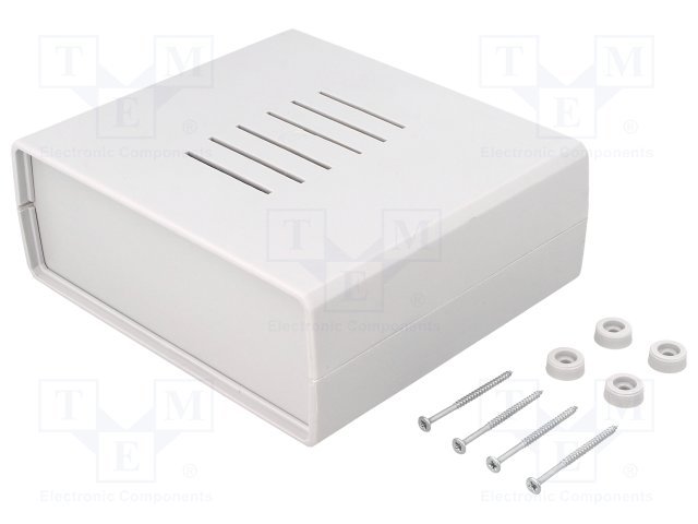 Plastmasas korpuss, 159x139x59mm, polistirens, pelekā krasa, ar ventilāciju