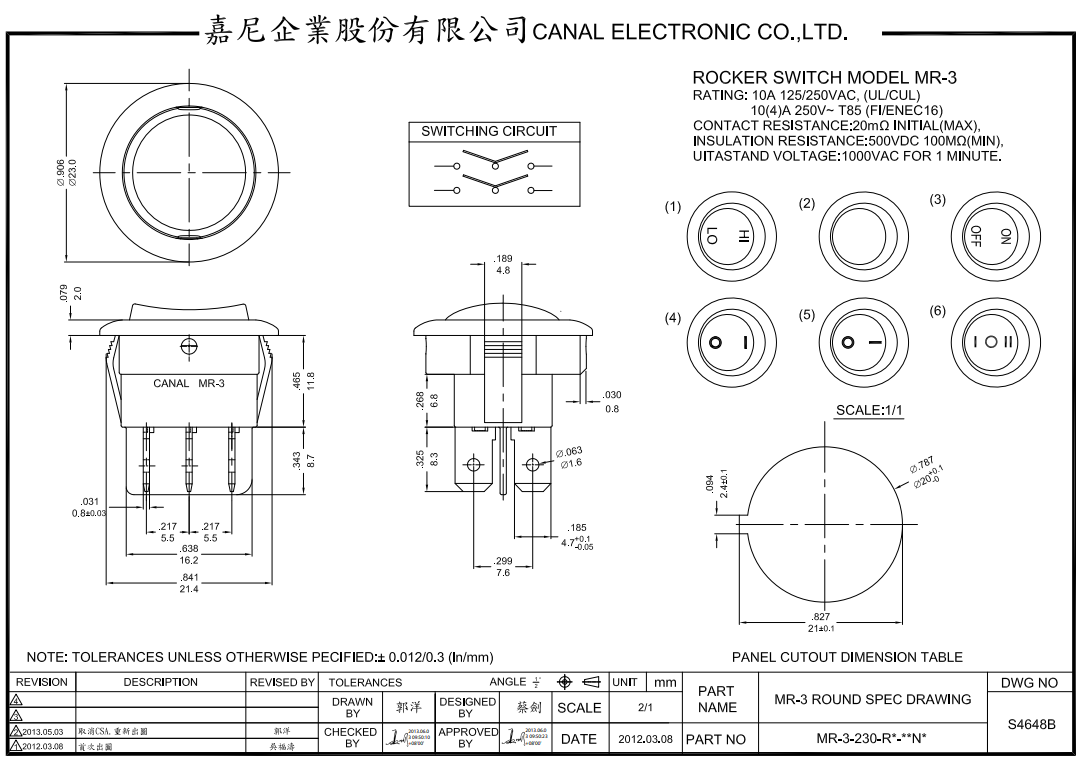Taustiņslēdzis DP3T, ON-OFF-ON, 10A/250VAC, 10A/125VAC, D=23mm, melna krasa, (--O=), apaļa, ar fiksāciju