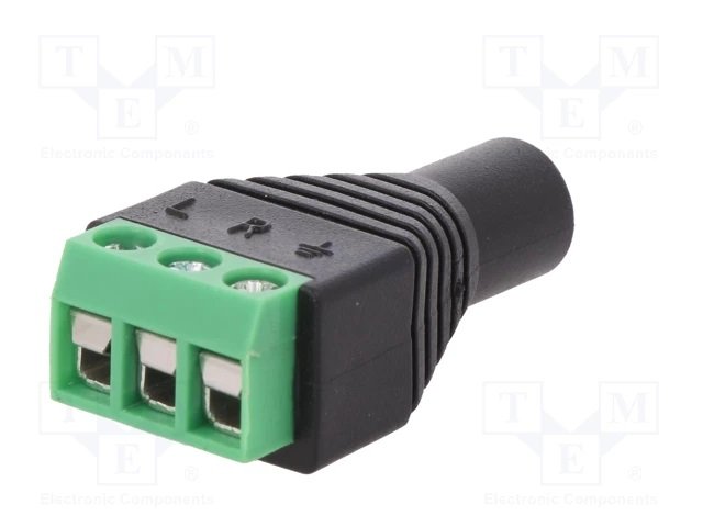 3.5mm ligzda, stereo, plastmasas, uz vadu, ar terminalbloku aizmugurā