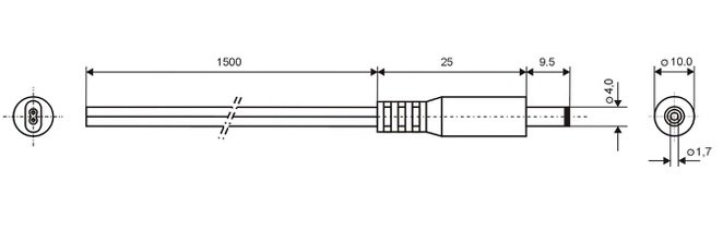 4.0x1.7mm, L=9.5mm, taisns štekers, 48V/3A, 0.5mm2, ar vadu 1.5m