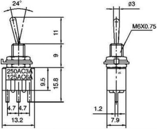 Tumblers, SPDT, ON-ON, 3A/250VAC, lodēšanai, PSB, M6, 13.2x7.9x9.5mm, viens kontakts uz divam stavoklim, ar fiksaciju, metriska vītne