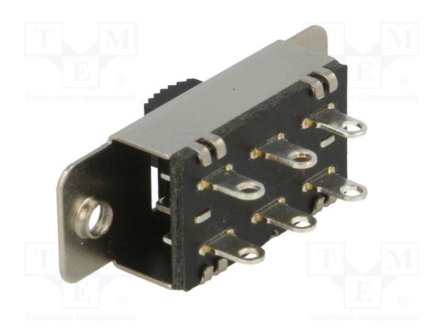 Pārslēdzējs slīdbīdņu DPDT, 1A/24VDC, ON-ON, 22x11x7.6mm, L=6mm, taisns, divi kontakti uz divam stāvoklim