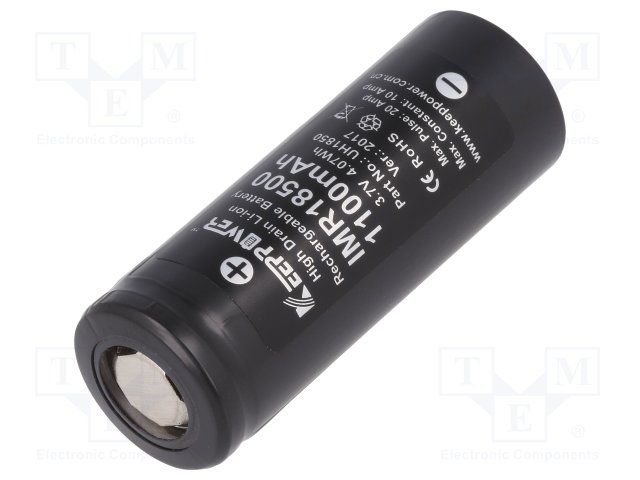 Akumulatori Li-Ion, 1100mAh, 3.7V, MR18500, Ø18.5x50mm, 10A, KEEPPOWER, 30gr