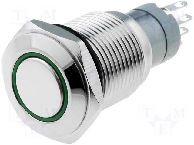 Poga M16x36mm, SPST-NO, ON-ON, 0.5A/220VAC, 1A/24VDC, IP67, LED12VDC, zaļa riņķis, antivandala, ar fiksaciju