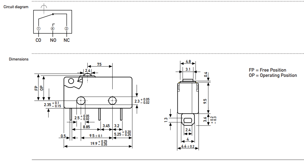 Mikropārslēdzējs bez sviras PCB, SPDT, ON-(ON), 0.3A/30VAC, IP40, 1.7N, 19.9x6.4x9.5mm, viens kontakts uz parslēgšanu
