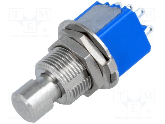 Poga DPDT, ON-(ON), 3A/250VAC, 4A/30VDC, Ø12.5mm, Ø12.0x36mm, metāla, lodejama, divi kontakti uz parslēgšanu, bez fiksacijas