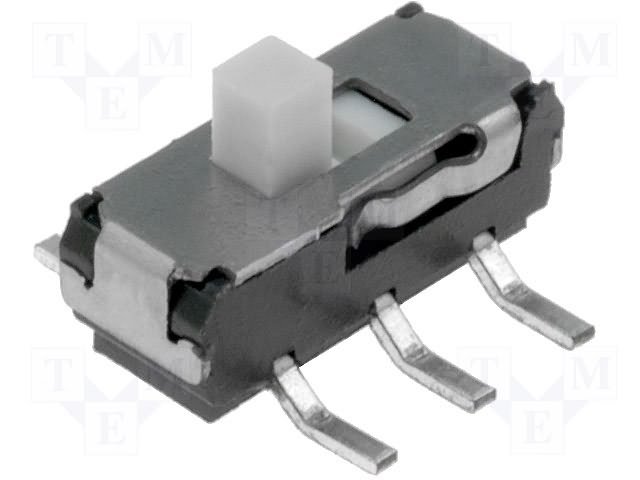 Pārslēdzējs slīdbīdņu DPDT, 0.3A/6VDC, ON-ON, 9x3.5x3.5mm, SMD, L=2mm, taisns, divi kontakti uz divam stāvoklim