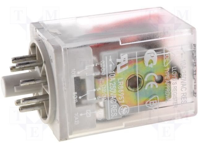 Relejs 230V/AC, DPDT, 2x10A/250VAC, 2x10A/24VDC, 7.08kΩ(31mA), divi kontakti uz pārslēgšanu, 35x35x54.5mm, RELPOL