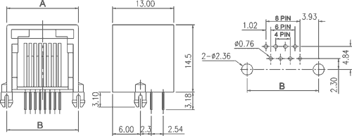 RJ45(8/8) ligzda uz šasija miniatūrais, THT