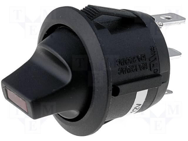 Taustiņslēdzis SPST, OFF-ON, 6A/250VAC, 20A/12VDC, D=23mm, (tumblera veida), LED12VDC, melnā krasa, ar fiksāciju