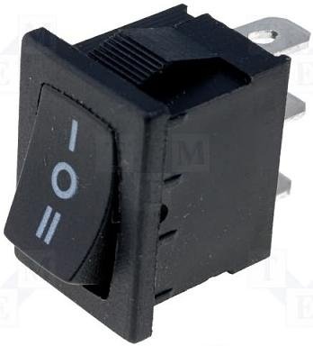 Taustiņslēdzis SP3T, ON-OFF-ON, 3A/250VAC, 18.8x12.9x13.8mm, (--O=), melnā krasa, ar fiksāciju