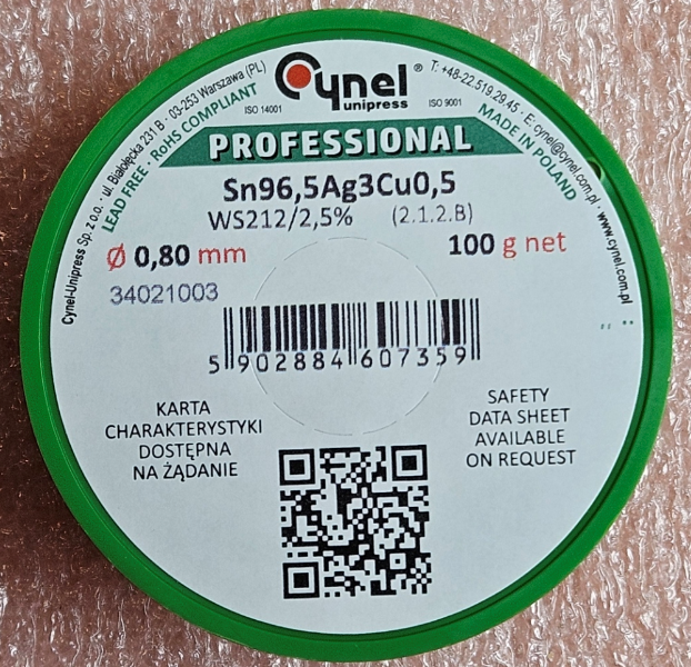 0.8mm, Sn-96.5%, Ag-3%, Cu-0.5%, 100g, Lodalva ar halogenu flusi SW32, 3%, No Clean, t=217...219°C