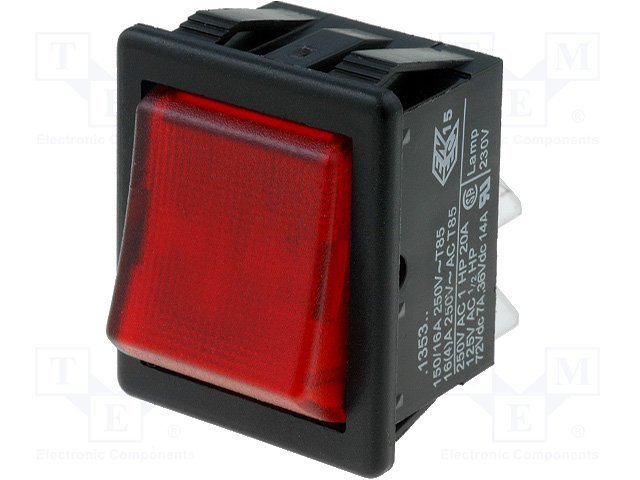 Taustiņslēdzis DPST, ON-OFF, 16A/250VAC, 20A/28VDC, 25x33.4mm, apgaism. neona lamp., sarkanā krasa, ar fiksāciju